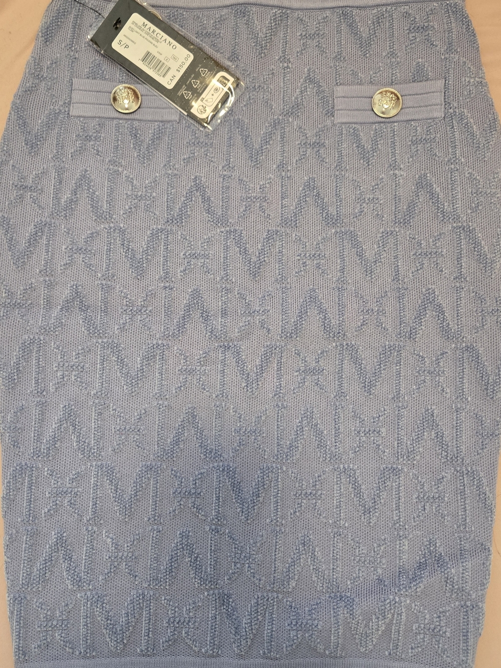 Marciano Powder Blue Knit Logo-Detail Pencil Skirt with Gold Buttons